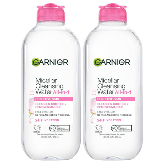HOTGarnier Micellar Water, Hydrating Facial Cleanser & Makeup Remover, Suitable for Sensitive Skin, Vegan, Cruelty Free, 13.5 Fl Oz (400mL), 2 Count