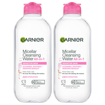 HOTGarnier Micellar Water, Hydrating Facial Cleanser & Makeup Remover, Suitable for Sensitive Skin, Vegan, Cruelty Free, 13.5 Fl Oz (400mL), 2 Count
