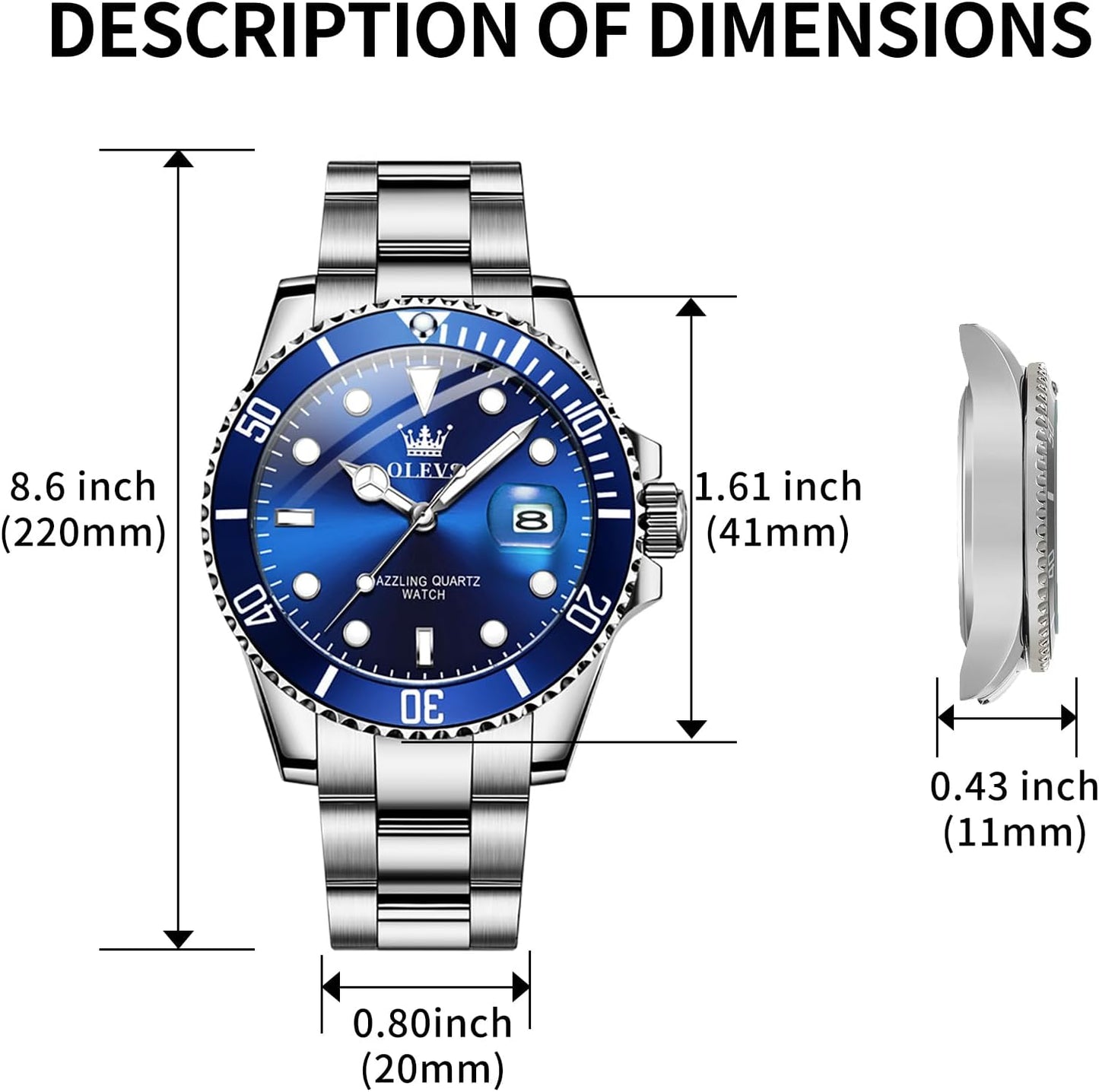 HOTOLEVS Silver Watches for Men Blue Luxury Nice Analog Quartz Stainless Steel | Classic Large Face Metal Men Watch with Date Waterproof Luminous Dress Fashion Men's Wrist Watches Relojes Para Hombres