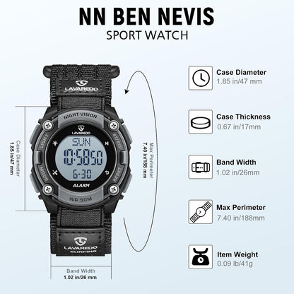 HOTBEN NEVIS Mens Digital Watch, Outdoor Sport Waterproof Watches for Men with Alarm Calendar Stopwatch Chronograph Back Light