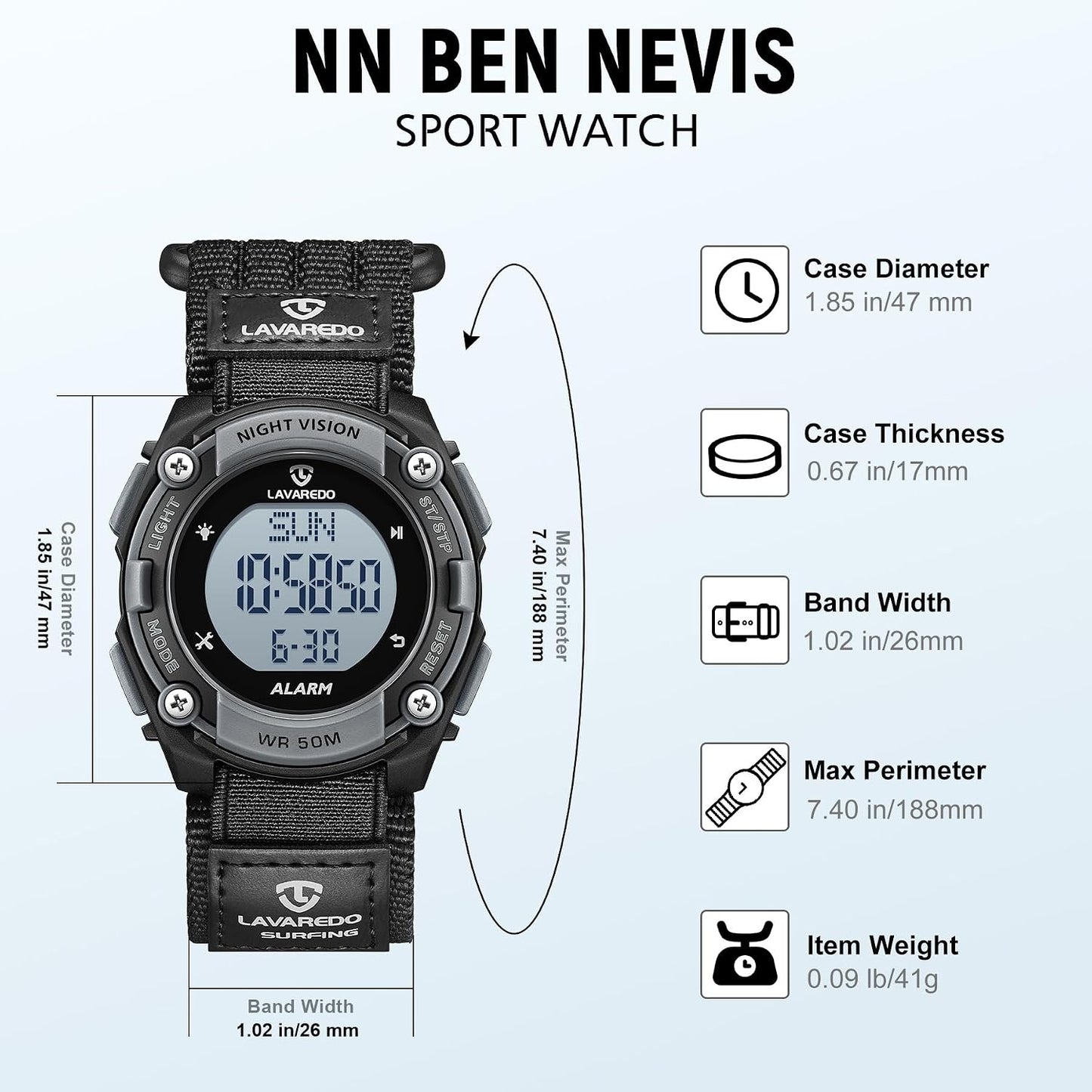 HOTBEN NEVIS Mens Digital Watch, Outdoor Sport Waterproof Watches for Men with Alarm Calendar Stopwatch Chronograph Back Light