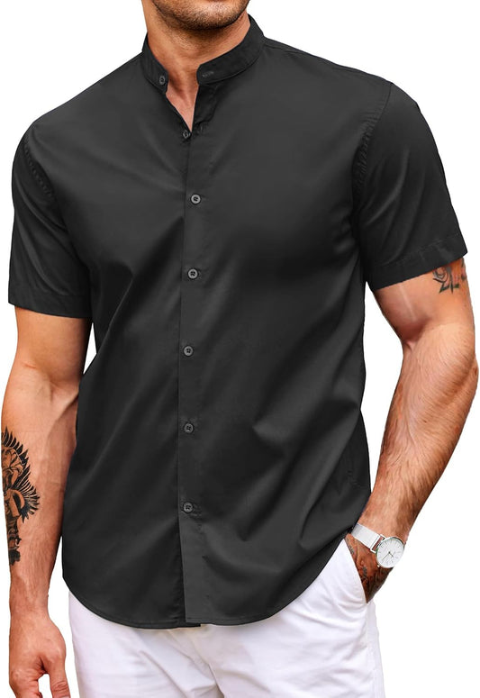HOTCOOFANDY Muscle Fit Dress Shirts for Men Banded Collar Casual Button Down Shirts