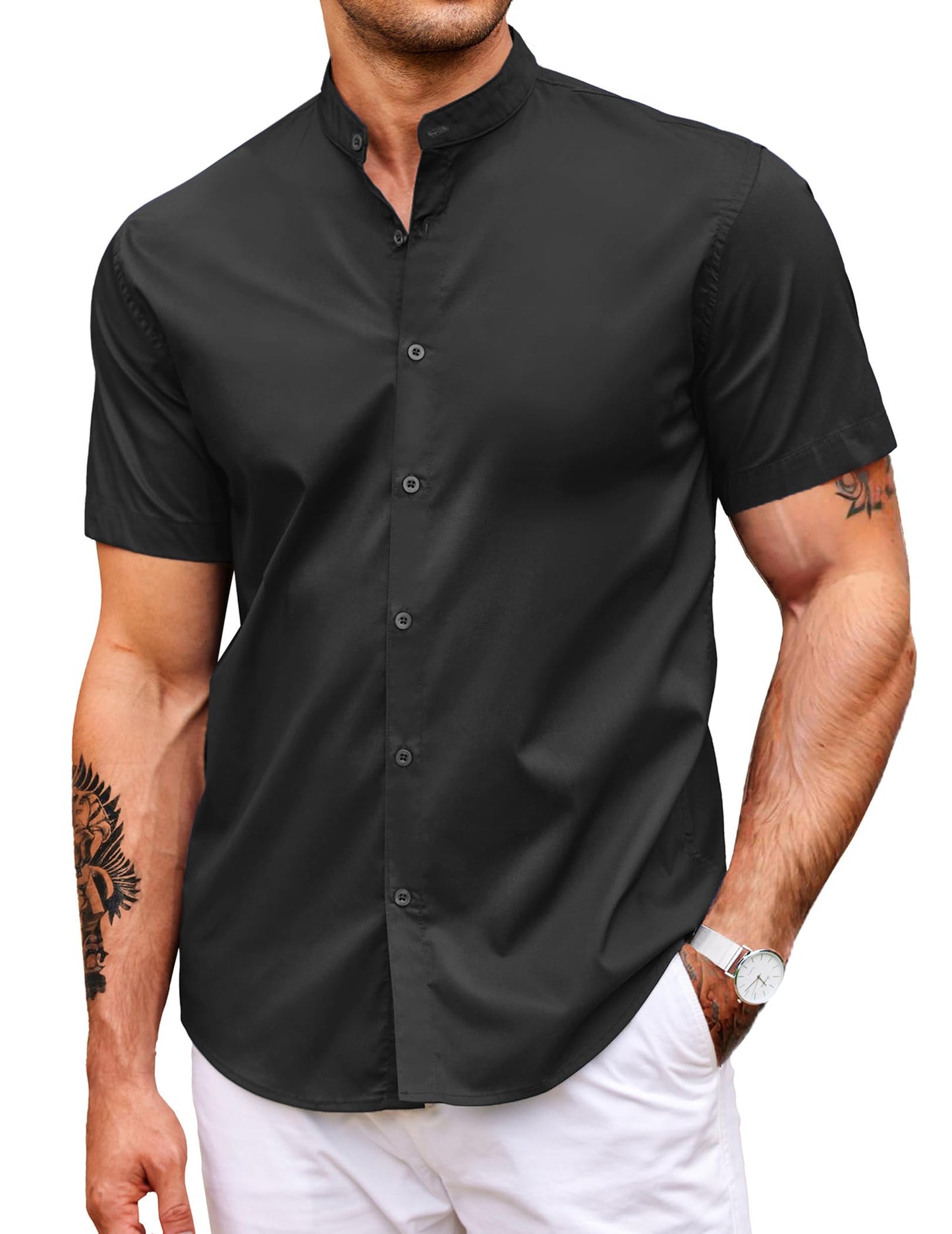 HOTCOOFANDY Muscle Fit Dress Shirts for Men Banded Collar Casual Button Down Shirts
