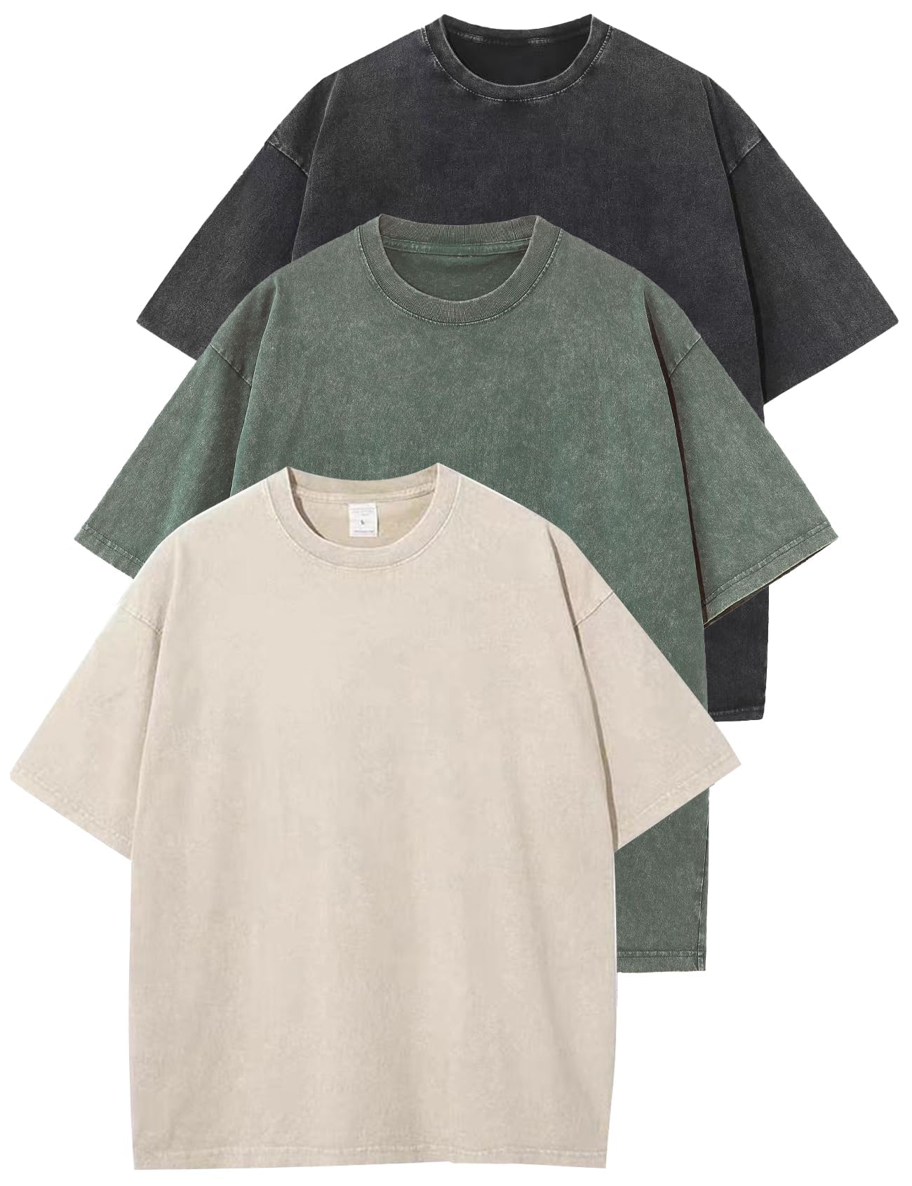 HOTFlygo 3 Pack Men Oversized T Shirts Acid Washed Unisex Tee Loose Fit Short Sleeve Casual Streetwear Baggy Basic Tops