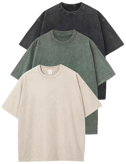 HOTFlygo 3 Pack Men Oversized T Shirts Acid Washed Unisex Tee Loose Fit Short Sleeve Casual Streetwear Baggy Basic Tops