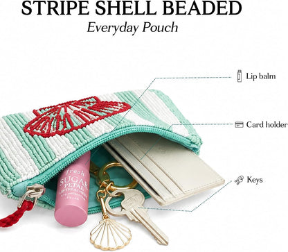 HOTAmerica & Beyond Hand-Beaded Coin Pouch, Striped Seashell Design, Mini Zip Pouch with Tassel, 5 x 3.5 Inch