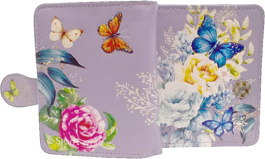 HOTShag Wear Floral Butterfly Small Animal Wallet for Women and Teen Girls Vegan Faux Leather 4.5" Purple
