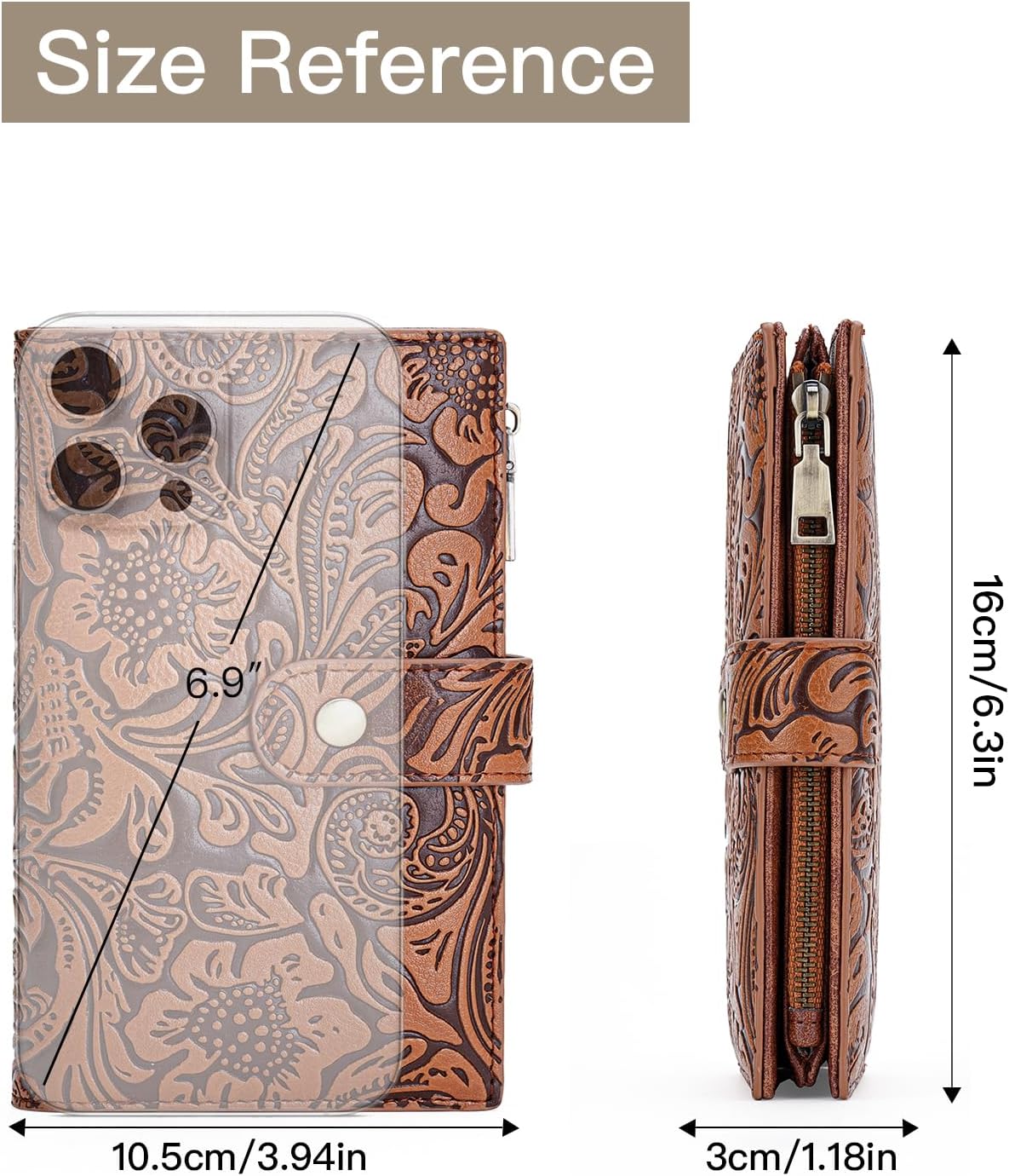 HOTGOIACII Women's Wallet RFID Blocking Leather Trifold Credit Card Holder | Pen Holder, Passport Compartment, Zipper Coin Pocket, Compact, Large Capacity Ladies Travel Wallet, Floral Embossed Brown