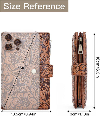 HOTGOIACII Women's Wallet RFID Blocking Leather Trifold Credit Card Holder | Pen Holder, Passport Compartment, Zipper Coin Pocket, Compact, Large Capacity Ladies Travel Wallet, Floral Embossed Brown