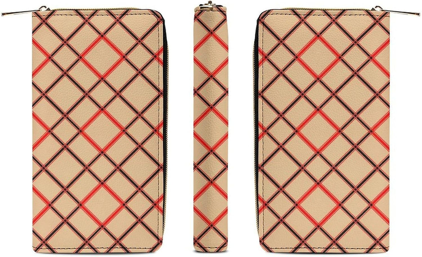 HOTFashion Decor Wallet, Long PU Zipper Wallet, Travel Purse Fashion Design, Huge Storage Capacity Wallet Compatible with Black Red Beige And White Plaid Tartan Flannel