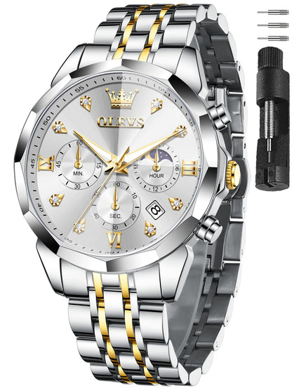 HOTOLEVS Watches for Men Stainless Steel Dress Men Watch with Date Big Face Chronograph Waterproof Luxury Fashion Watch Blue/Black/Gold/Green/Silver Face Relojes para Hombres