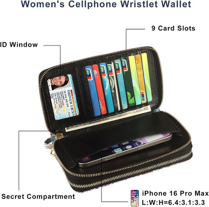 HOTRFID Blocking Cellphone Wallet for Women with Removable Strap, Double Zipper Wristlet Bag Large Capacity, Ladies Travel Clutch Purse, Artistic Flower