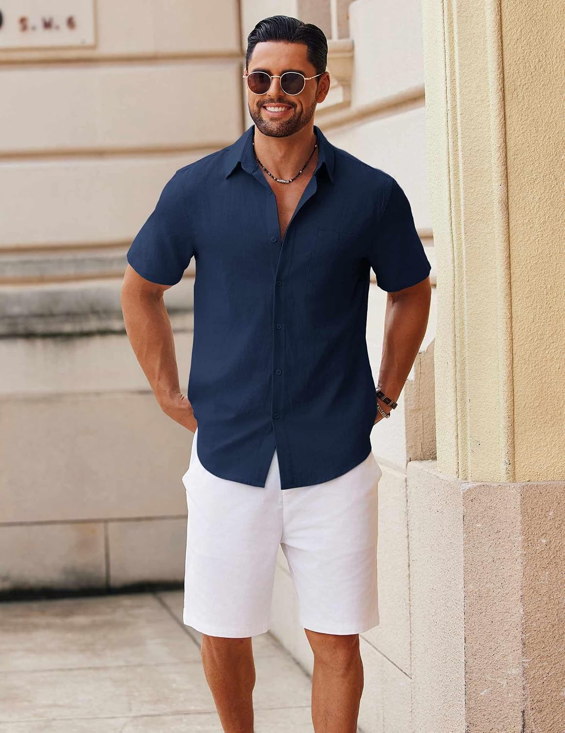HOTCOOFANDY Men's Button Down Short Sleeve Shirt Casual Cotton Summer Beach Linen Wedding Shirts with Pocket