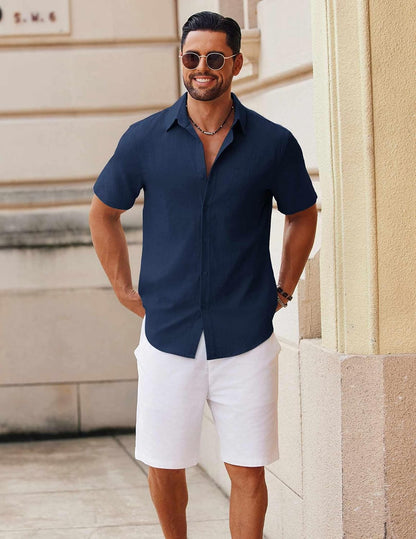 HOTCOOFANDY Men's Button Down Short Sleeve Shirt Casual Cotton Summer Beach Linen Wedding Shirts with Pocket