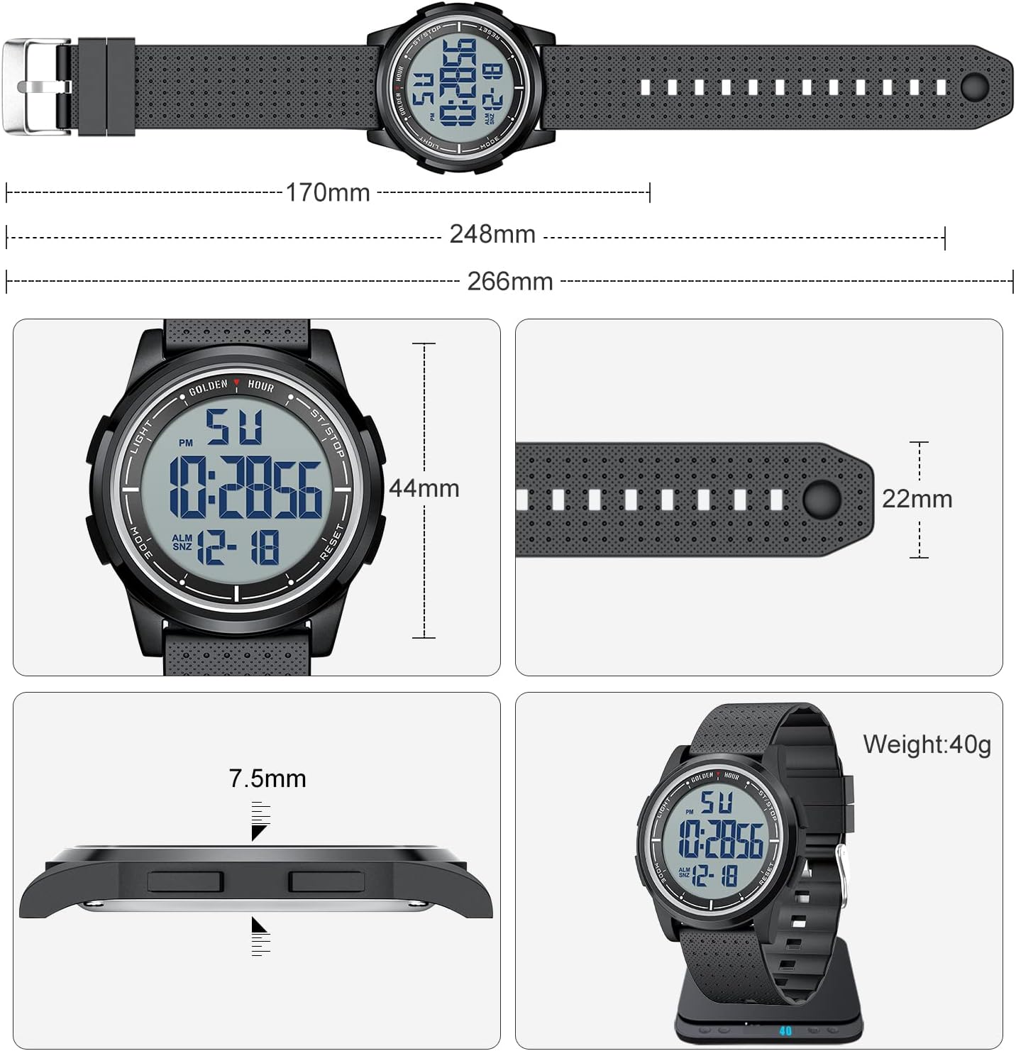 HOTGOLDEN HOUR Ultra-Thin Minimalist Sports Waterproof Digital Watches Men with Wide-Angle Display Rubber Strap Wrist Watch for Men Women