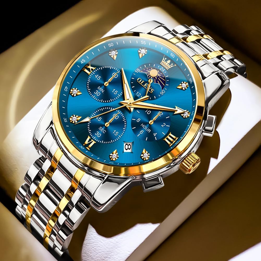 HOTOLEVS Watch for Men Diamond Business Dress Analog Quartz Stainless Steel Waterproof Luminous Date Two Tone Luxury Casual Wrist Watch Blue