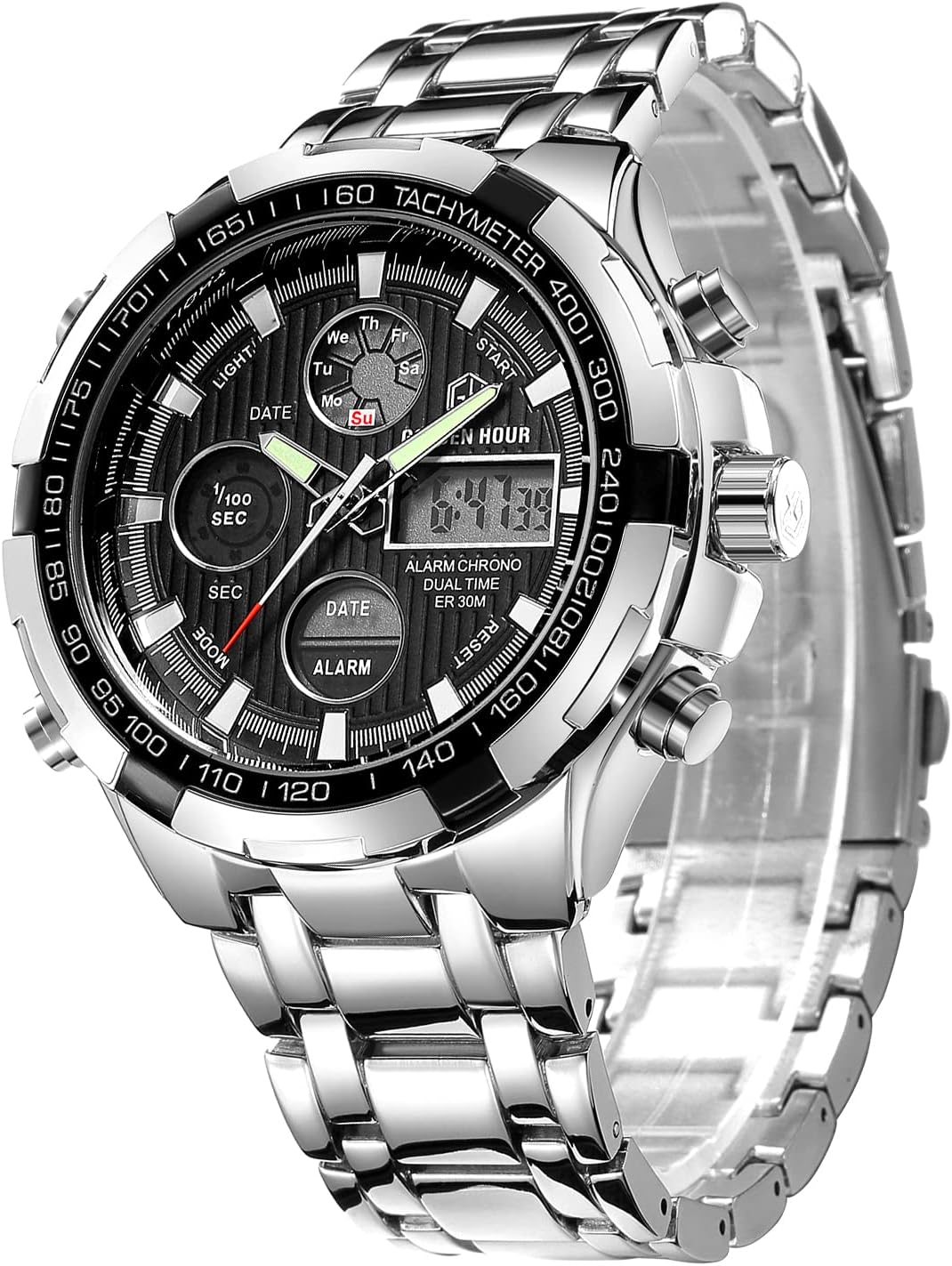 HOTGOLDEN HOUR Luxury Stainless Steel Analog Digital Watches for Men Male Outdoor Sport Waterproof Big Heavy Wristwatch