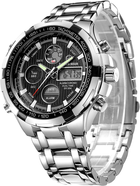 HOTGOLDEN HOUR Luxury Stainless Steel Analog Digital Watches for Men Male Outdoor Sport Waterproof Big Heavy Wristwatch