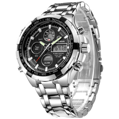 HOTGOLDEN HOUR Luxury Stainless Steel Analog Digital Watches for Men Male Outdoor Sport Waterproof Big Heavy Wristwatch