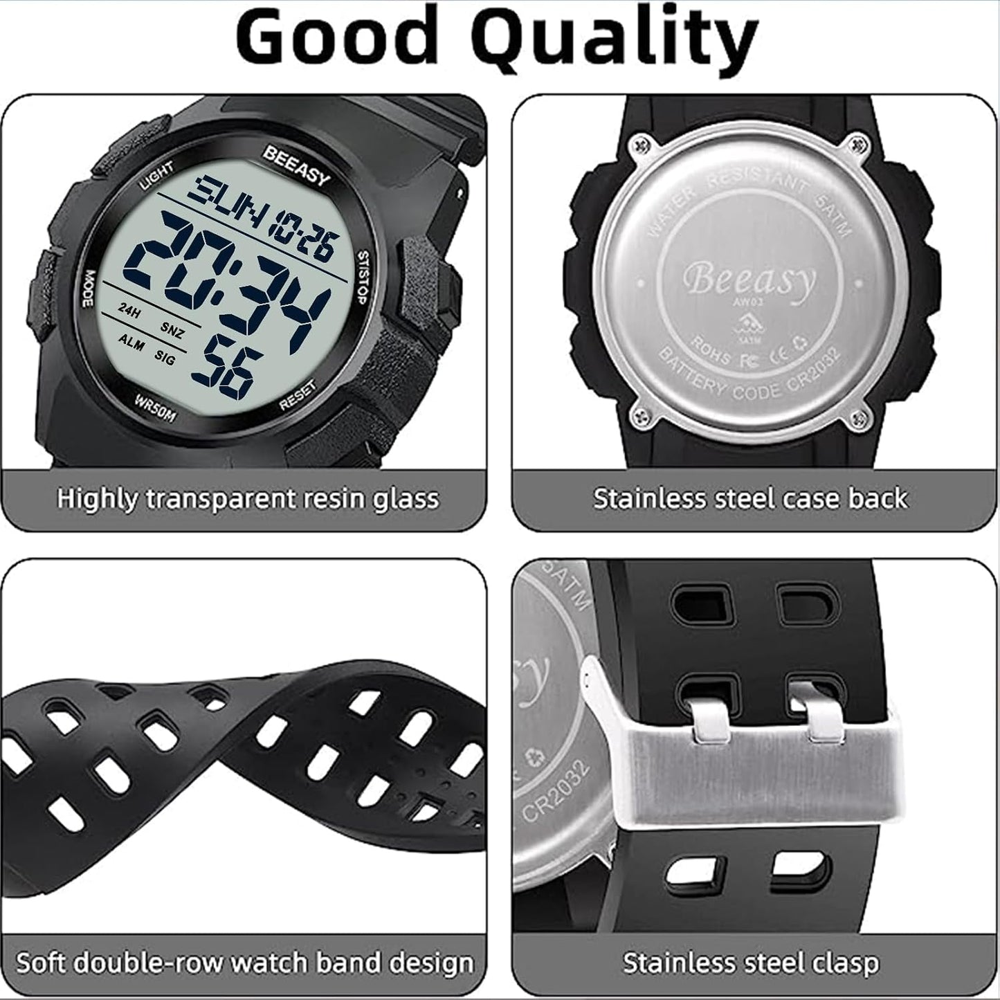 HOTBeeasy Mens Digital Sports Watch, 50M Waterproof 49mm Rubber Strap Mens Watches with Stopwatch, Countdown Timer, Alarm & Dual Time—Ideal for Sport, Gym, Running, Referee, School & Daily Wear