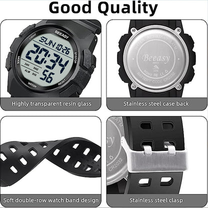 HOTBeeasy Mens Digital Sports Watch, 50M Waterproof 49mm Rubber Strap Mens Watches with Stopwatch, Countdown Timer, Alarm & Dual Time—Ideal for Sport, Gym, Running, Referee, School & Daily Wear