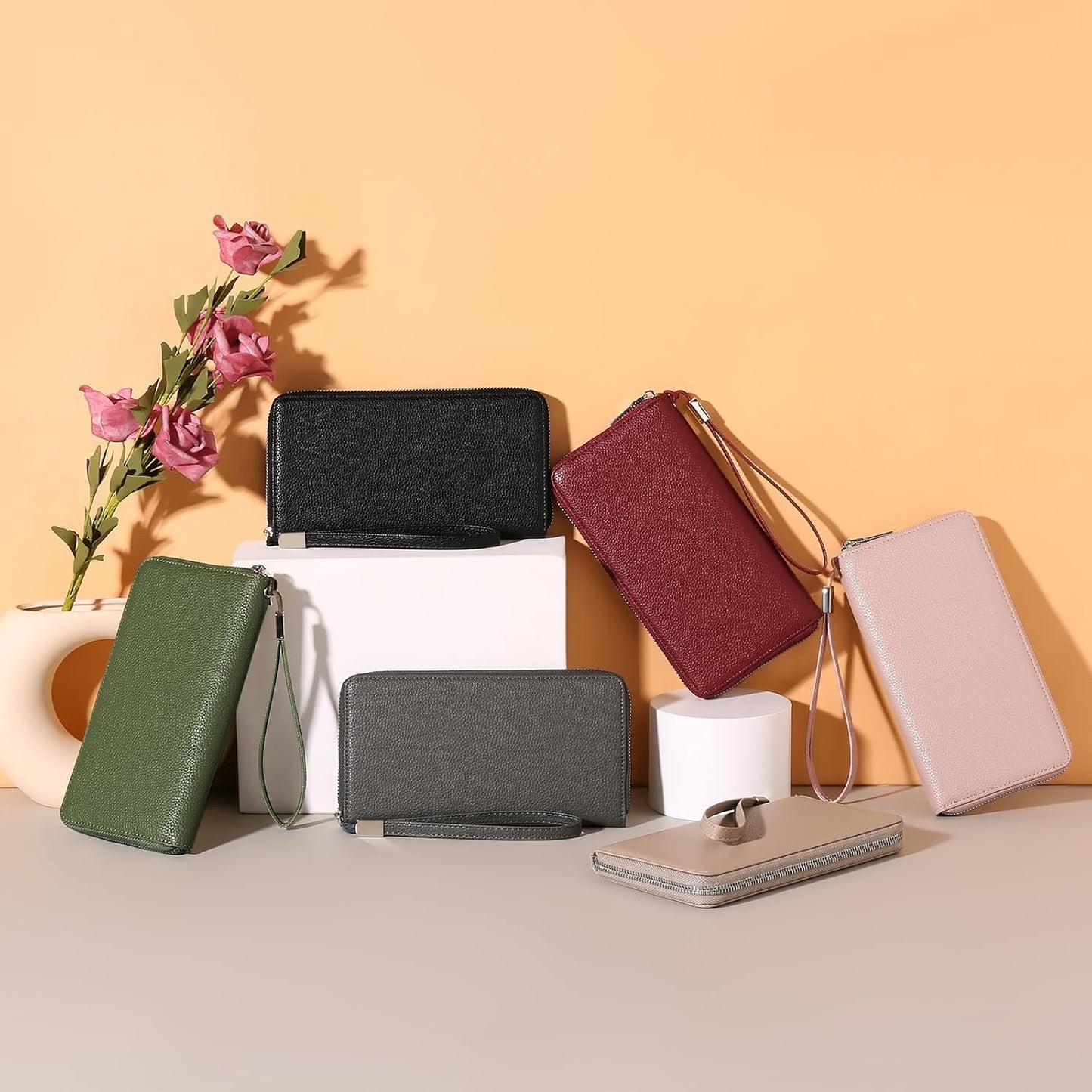 HOTGOIACII Womens Wallet RFID Blocking Leather Zip Around Wallet Large Capacity Long Purse Credit Card Clutch Wristlet