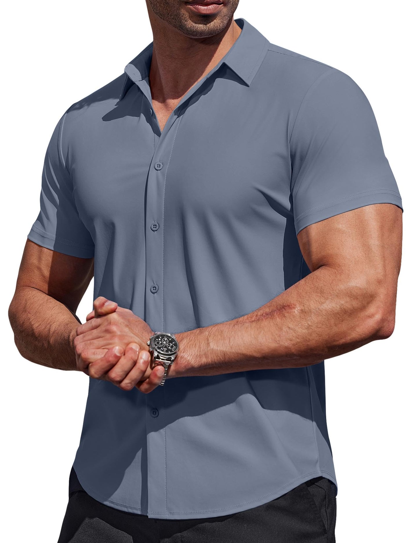 HOTCOOFANDY Mens Muscle Fit Dress Shirts Stretch Wrinkle Free Short Sleeve Button Down Shirt Casual Solid Untucked Shirt