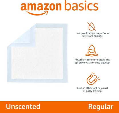 HOTAmazon Basics Leak-Proof Dog and Puppy Potty Training Pee Pads with Quick-Dry 5-Layer Super Absorbent Surface for Dog Training, Floor Protection, Regular Size 22x22", Blue & White, 50 Count