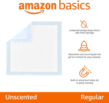 HOTAmazon Basics Leak-Proof Dog and Puppy Potty Training Pee Pads with Quick-Dry 5-Layer Super Absorbent Design for Housebreaking, Regular Size 22x22", Blue & White, 150 Count