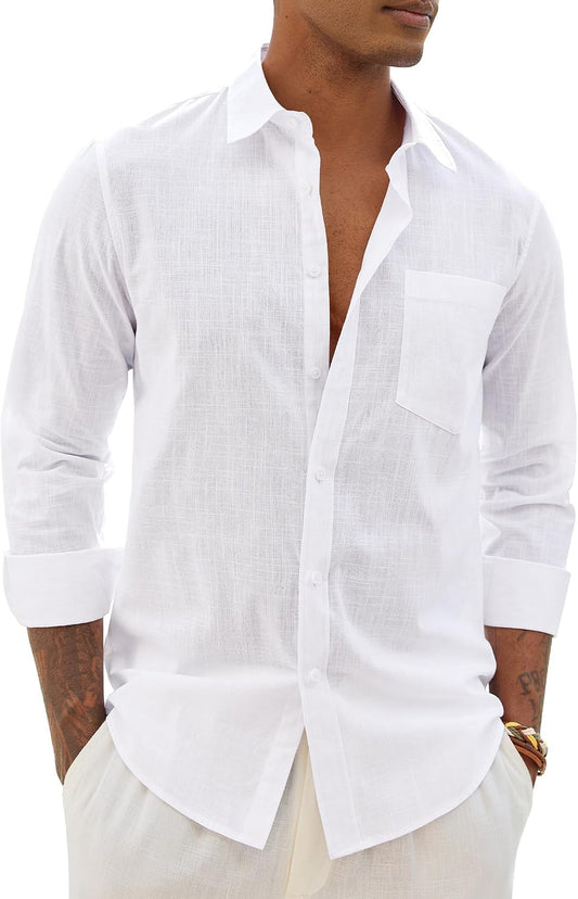 HOTAlimens & Gentle Mens Cotton Linen Textured Shirt Long Sleeve Button Down Shirts Casual Summer Beach Wedding Tops with Pocket