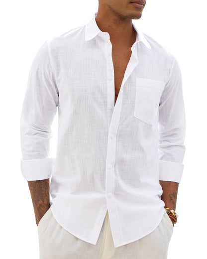 HOTAlimens & Gentle Mens Cotton Linen Textured Shirt Long Sleeve Button Down Shirts Casual Summer Beach Wedding Tops with Pocket