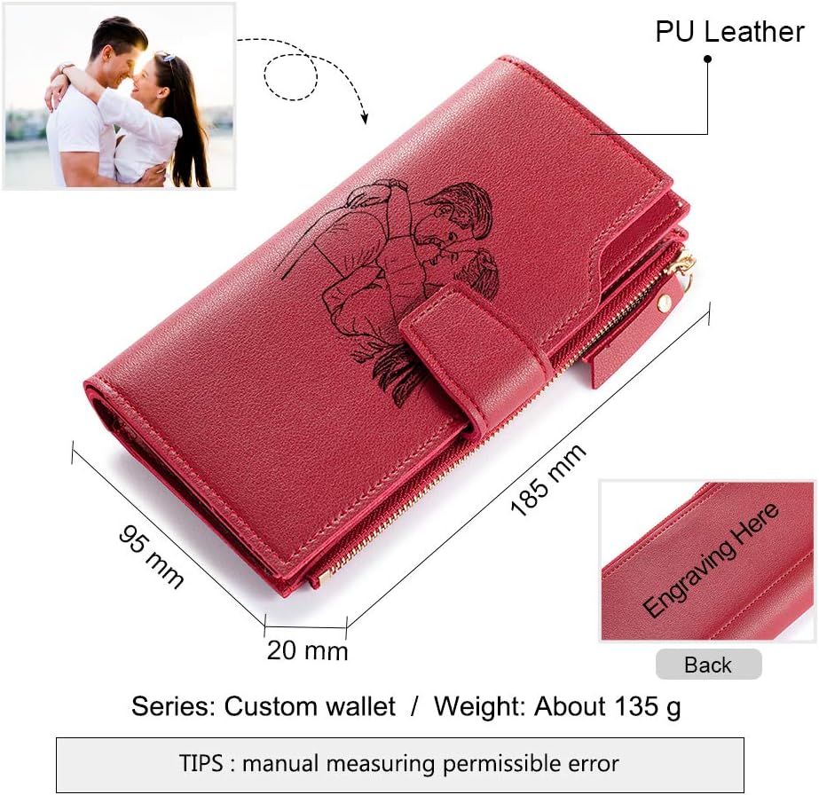 HOTLovejewelry Personalized Wallets for Women Photo Engraved PU Leather Trifold Wallet Credit Card Clutch Long Wallet for Girlfriend Mom Mother’s Day (Red -2), Wa-100359