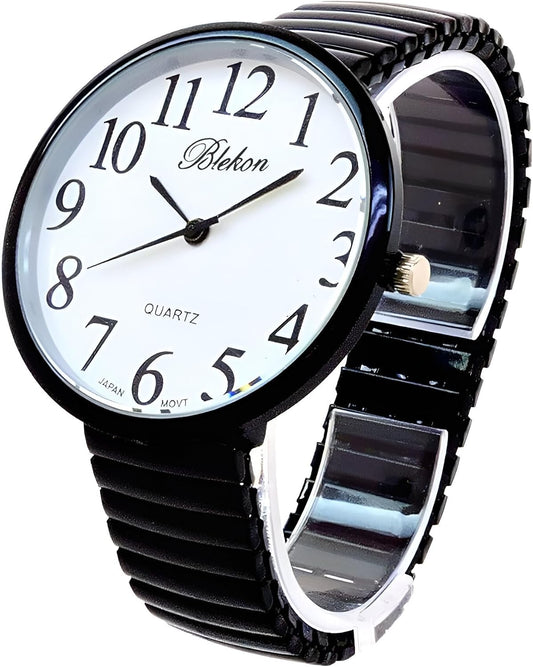 HOTGeneva STC Black Super Large Face Stretch Band Easy to Read Watch