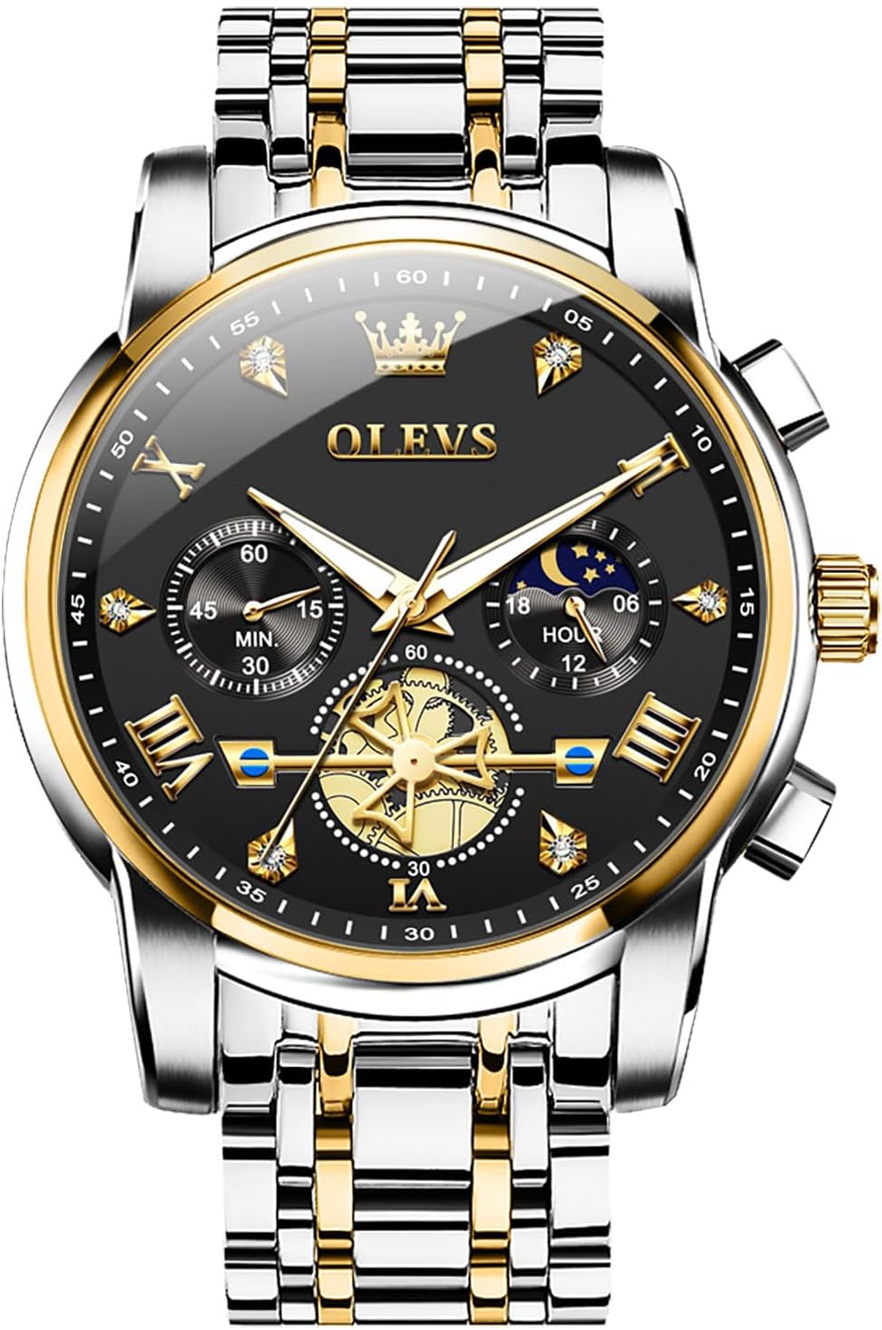 HOTOLEVS Men Watches Stainless Steel Chronograph Watch, Large Wrist Analog Quartz Watch, Fashion Waterproof Diamond Roman Numerals Dress Watches for Men, Gold/Black/White/Blue/Grey Dial