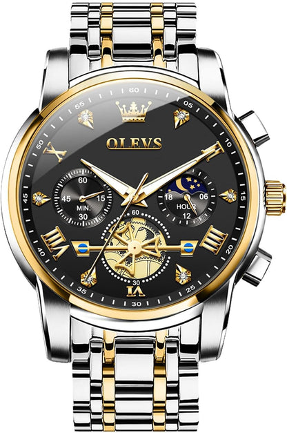 HOTOLEVS Men Watches Stainless Steel Chronograph Watch, Large Wrist Analog Quartz Watch, Fashion Waterproof Diamond Roman Numerals Dress Watches for Men, Gold/Black/White/Blue/Grey Dial