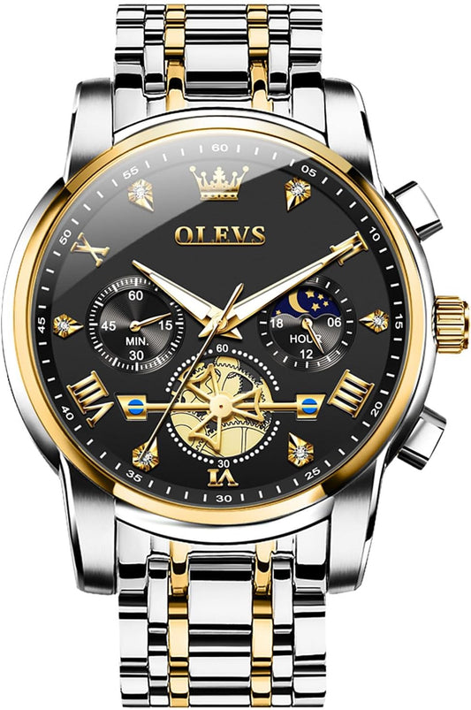 HOTOLEVS Men Watches Stainless Steel Chronograph Watch, Large Wrist Analog Quartz Watch, Fashion Waterproof Diamond Roman Numerals Dress Watches for Men, Gold/Black/White/Blue/Grey Dial