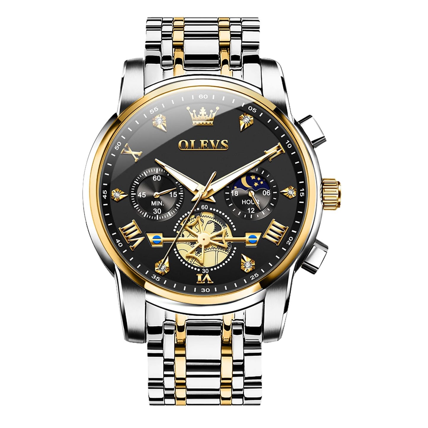 HOTOLEVS Men Watches Stainless Steel Chronograph Watch, Large Wrist Analog Quartz Watch, Fashion Waterproof Diamond Roman Numerals Dress Watches for Men, Gold/Black/White/Blue/Grey Dial