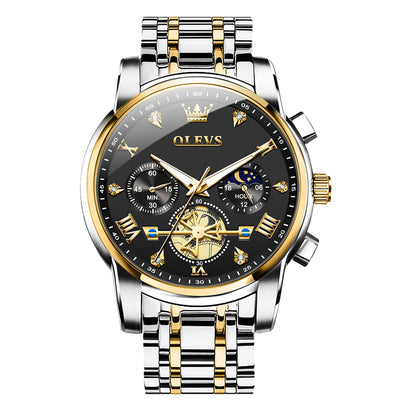 HOTOLEVS Men Watches Stainless Steel Chronograph Watch, Large Wrist Analog Quartz Watch, Fashion Waterproof Diamond Roman Numerals Dress Watches for Men, Gold/Black/White/Blue/Grey Dial