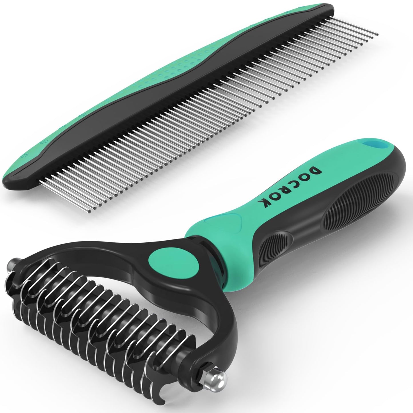 HOTDocrok Pet Grooming Combo - Blue Deshedding Brush with Metal Comb for Detangling and Dematting Long, Matted Fur on Cats and Dogs