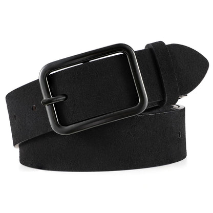HOTWERFORU Women Classic Black Leather Belt With Square Silver Buckle For Jeans Pants,1.3" width