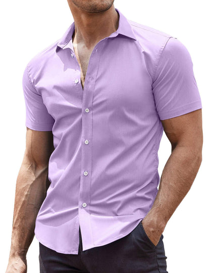 HOTCOOFANDY Men's Muscle Fit Dress Shirts Wrinkle-Free Short Sleeve Casual Button Down Shirt