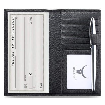 HOTHISCOW Leather Checkbook Cover with Card Slots & Pen Holder, Brown | Full grain cowhide, 5cc & ID window, personal check book & register pockets, removable duplicate divider, gifts for women men