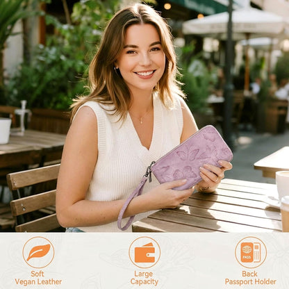 HOTBELTANA Womens Wallet RFID Wallet Women with Passport Holder Butterfly Vegan Leather Multi Card Slots Wallets Large Capacity Wristlet Travel Purse for Women (Purple)