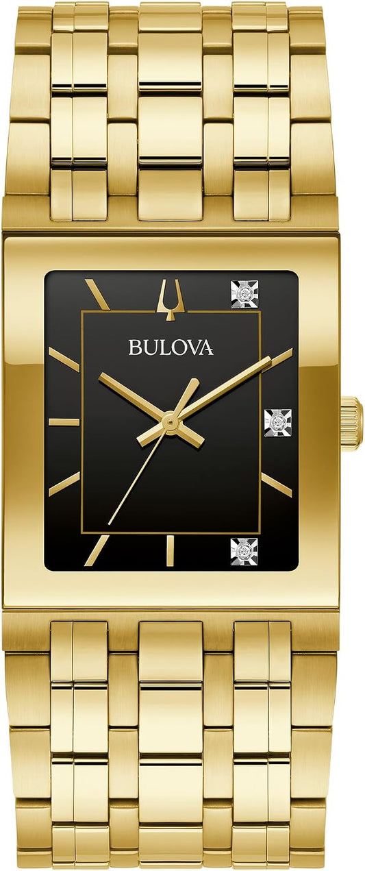 HOTBulova Marc Anthony Mens Modern Quadra Diamond Gold Stainless Steel Watch,Black Dial, Style:97D132