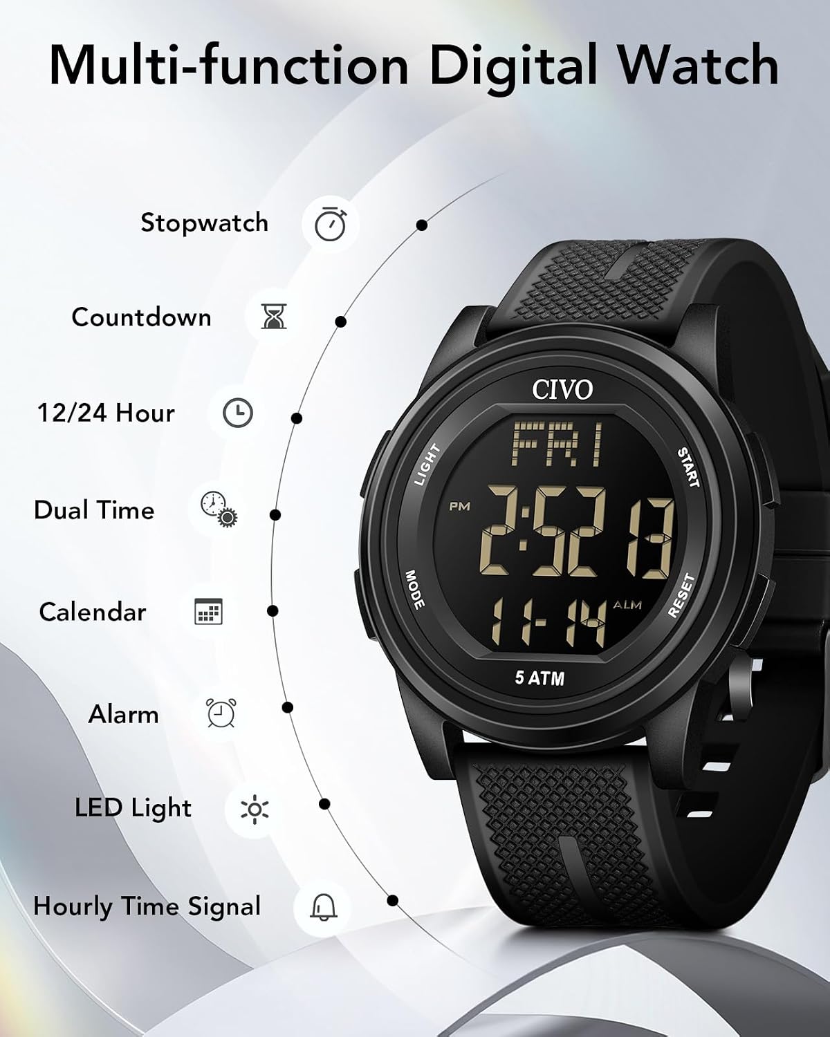 HOTCIVO Digital Watches for Women Men: Waterproof Large Dial Sports Watch 44mm | Ultra-Thin Soft Silicone Wrist Watch with Stopwatch and Alarm for Outdoor Enthusiasts - Running & Camping