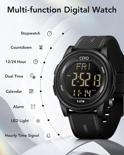 HOTCIVO Digital Watches for Women Men: Waterproof Large Dial Sports Watch 44mm | Ultra-Thin Soft Silicone Wrist Watch with Stopwatch and Alarm for Outdoor Enthusiasts - Running & Camping