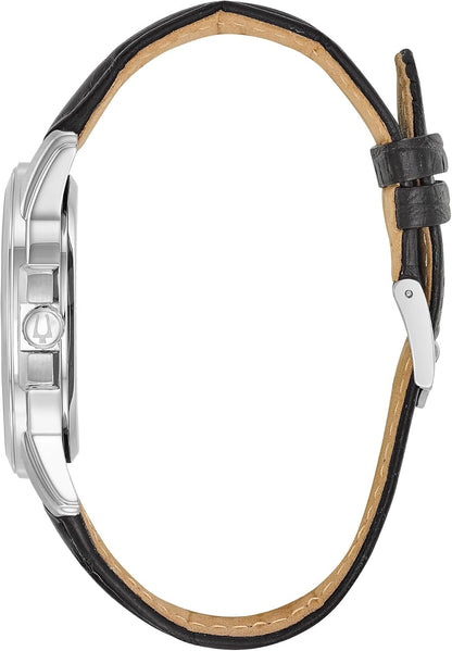 HOTBulova Men's Precisionist 3-Hand Calendar in Stainless Steel with Black Leather Strap and Black Patterned Dial Style: 96B158