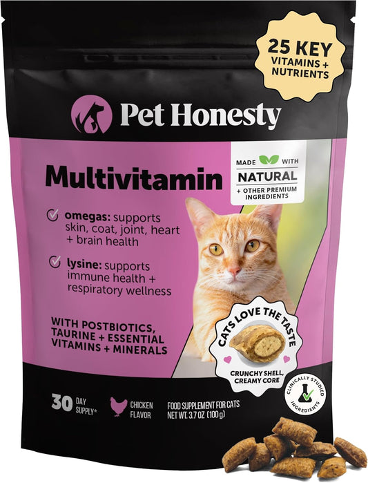 HOTCat Multivitamin Crunchy Creamy Chews - Daily Cat Vitamins with Lysine, Prebiotics, Omega 3 Fish Oil - Cat Treats for Immune Support, Skin Coat, Digestion, Heart + Joint Health (30-Day Supply)