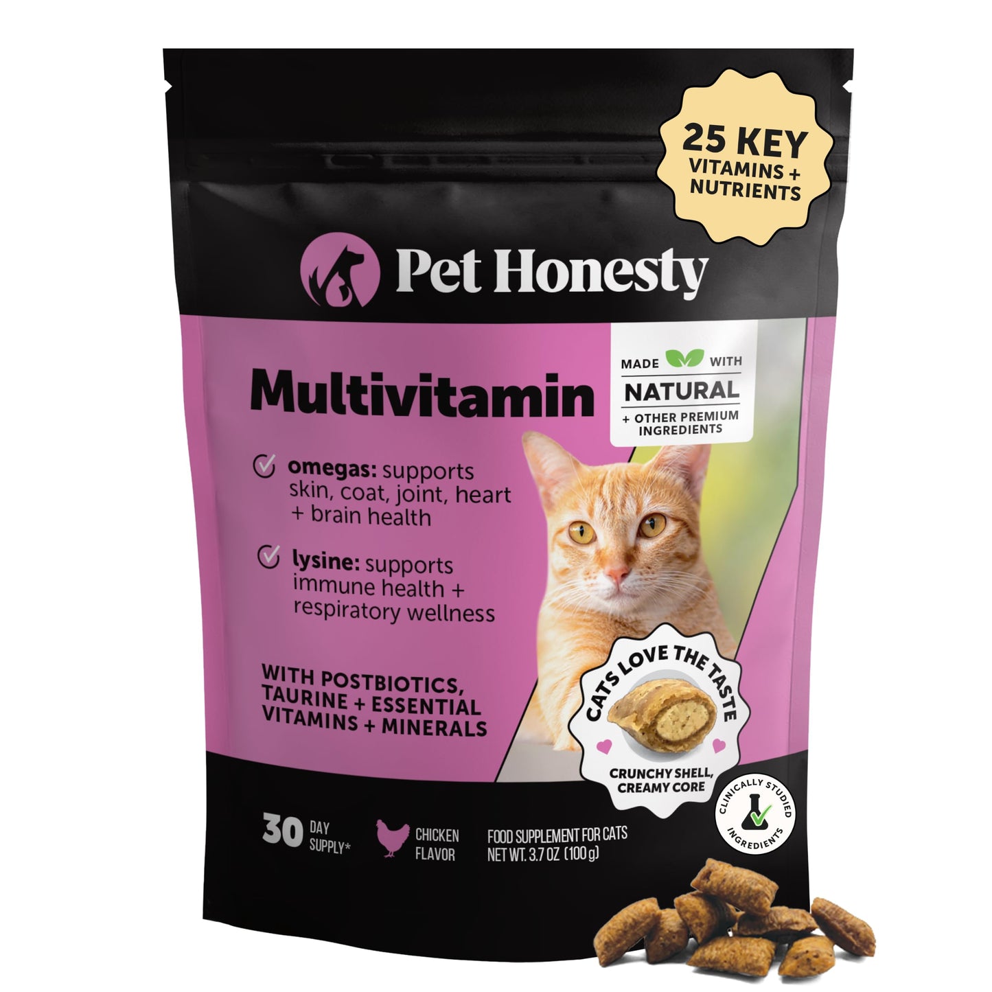 HOTCat Multivitamin Crunchy Creamy Chews - Daily Cat Vitamins with Lysine, Prebiotics, Omega 3 Fish Oil - Cat Treats for Immune Support, Skin Coat, Digestion, Heart + Joint Health (30-Day Supply)