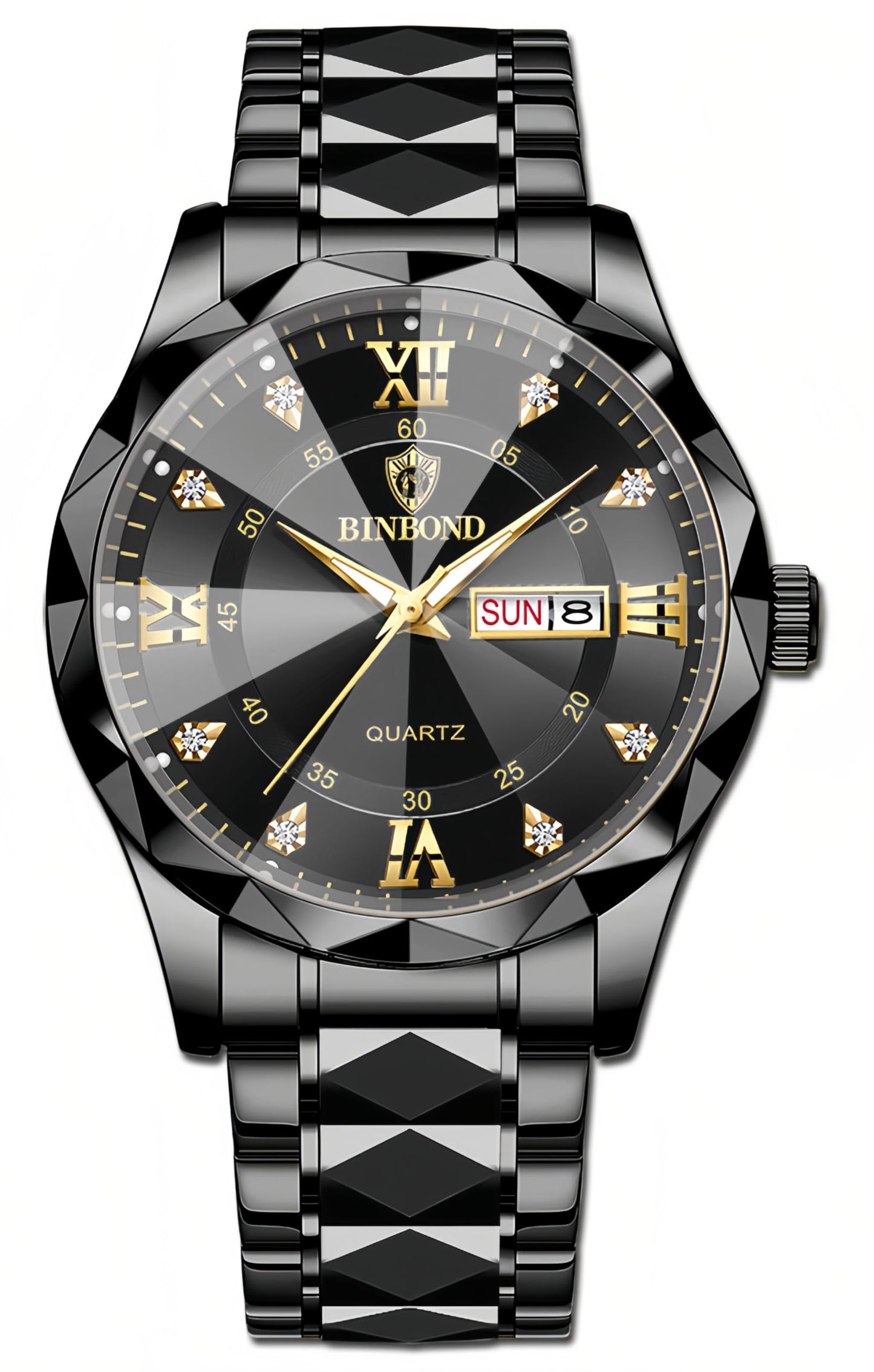 HOTGosasa Luxury Men's and Women's Business Diamond Stainless Steel Waterproof Roman Numeral Analog Quartz Watch with Day-Date Calendar, Gold and Silver Tone